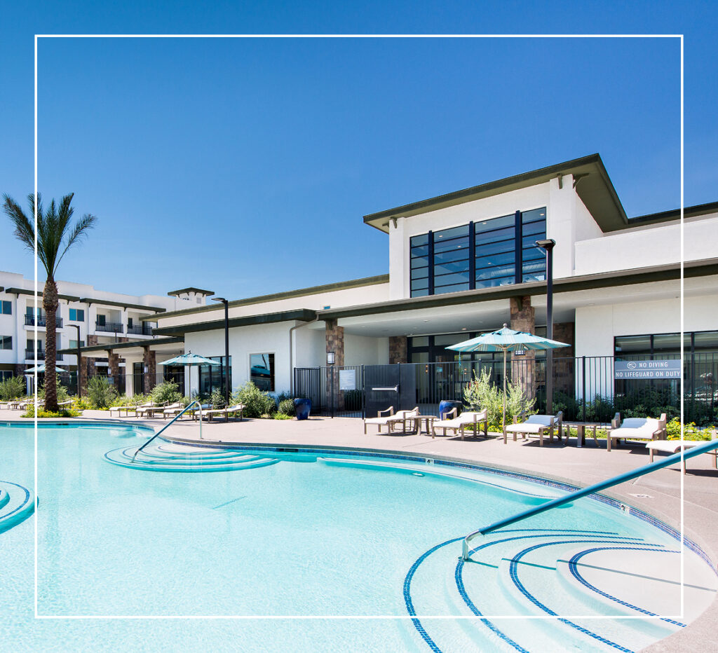The pool and entrance at Liora Henderson