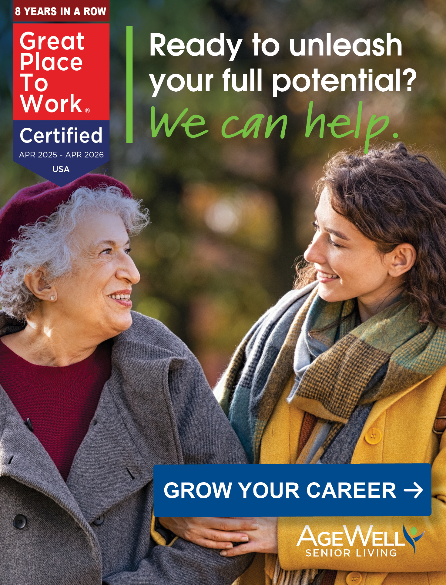 Woman and caregiver embracing, smiling