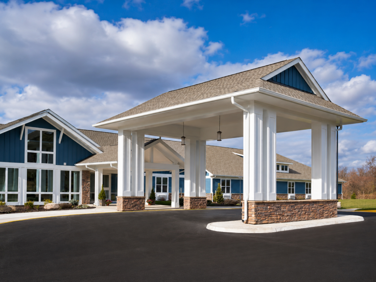 Exterior view of a modern blue and white building with a large covered entrance supported by white columns and stone bases, under a bright sky.