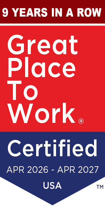 Great Place To Work certification badge: red panel with 'Great Place To Work' and '9 YEARS IN A ROW', blue panel reading 'Certified' with 'APR 2026 – APR 2027' and 'USA' at the bottom